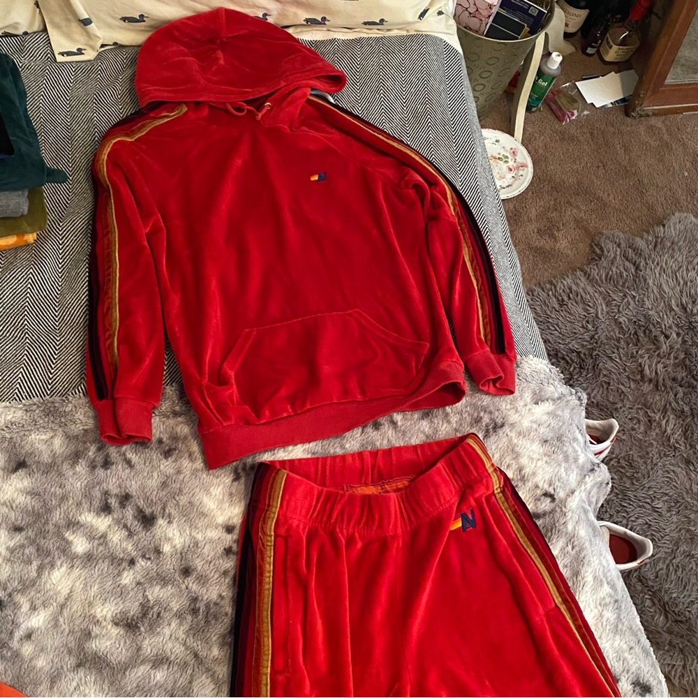 Aviator Nation Matching Set Red Velour Wide Leg Sweatpants and Hoodie